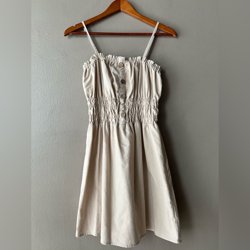 Khaki Ruched Button Front Sundress || CiSono